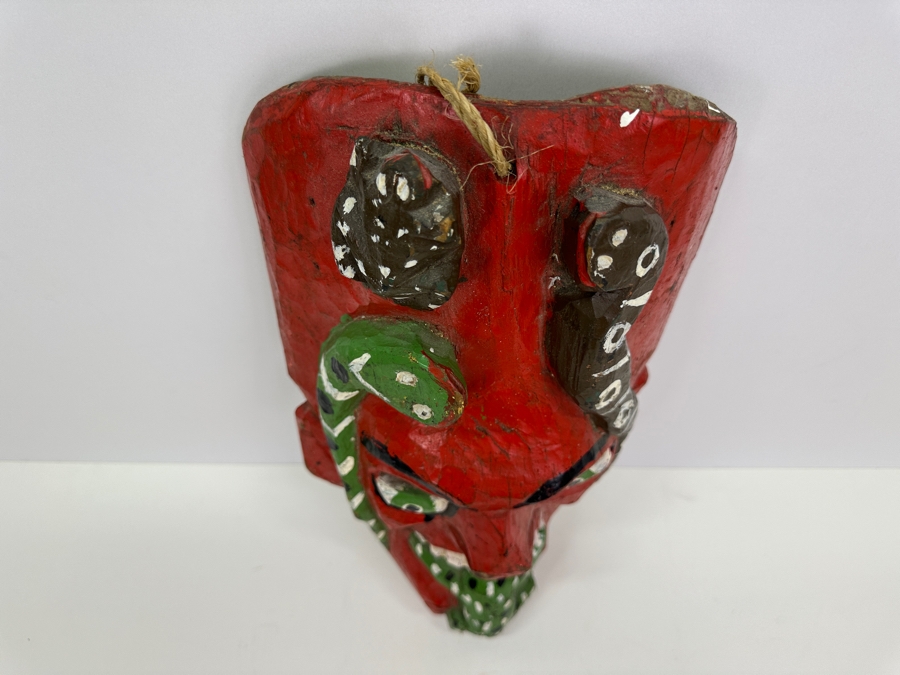 Vintage Mexican Folk Art Carved Wooden Polychrome Mask 9W X 16H [Photo 7]