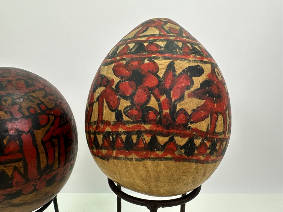 Pair Of Vintage Hand Painted Folk Art Gourds With Stands 6.5H & 7H [Photo 9]