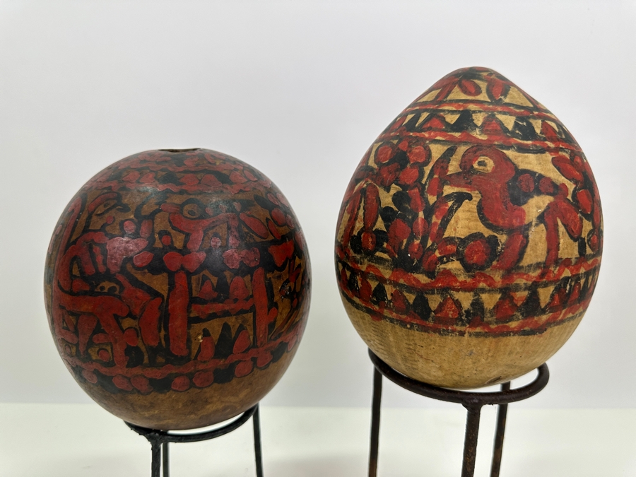 Pair Of Vintage Hand Painted Folk Art Gourds With Stands 6.5H & 7H [Photo 4]