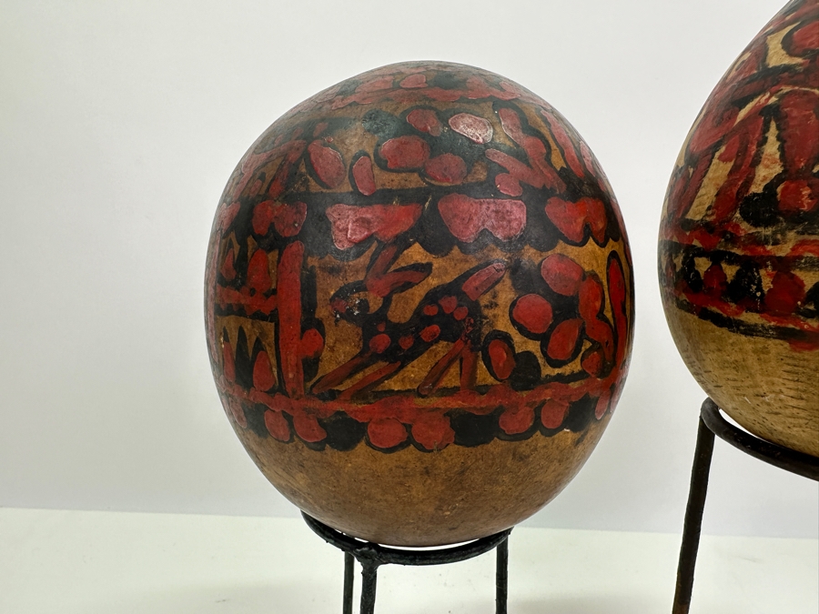 Pair Of Vintage Hand Painted Folk Art Gourds With Stands 6.5H & 7H [Photo 6]