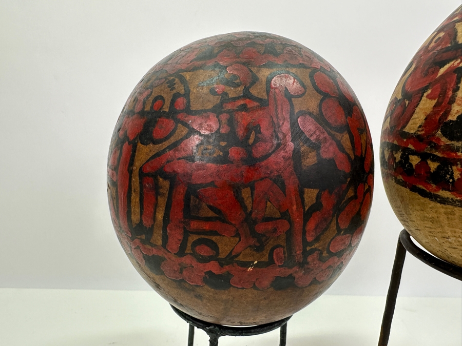 Pair Of Vintage Hand Painted Folk Art Gourds With Stands 6.5H & 7H [Photo 2]