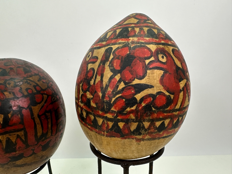 Pair Of Vintage Hand Painted Folk Art Gourds With Stands 6.5H & 7H [Photo 10]