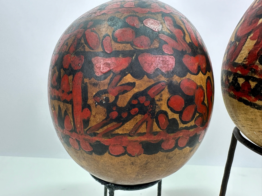 Pair Of Vintage Hand Painted Folk Art Gourds With Stands 6.5H & 7H [Photo 7]