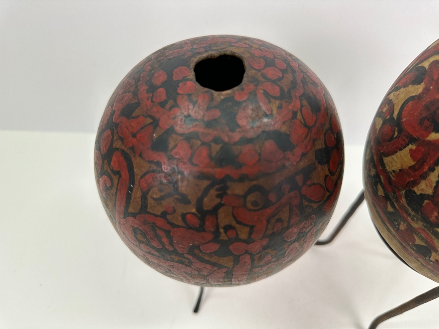 Pair Of Vintage Hand Painted Folk Art Gourds With Stands 6.5H & 7H [Photo 5]