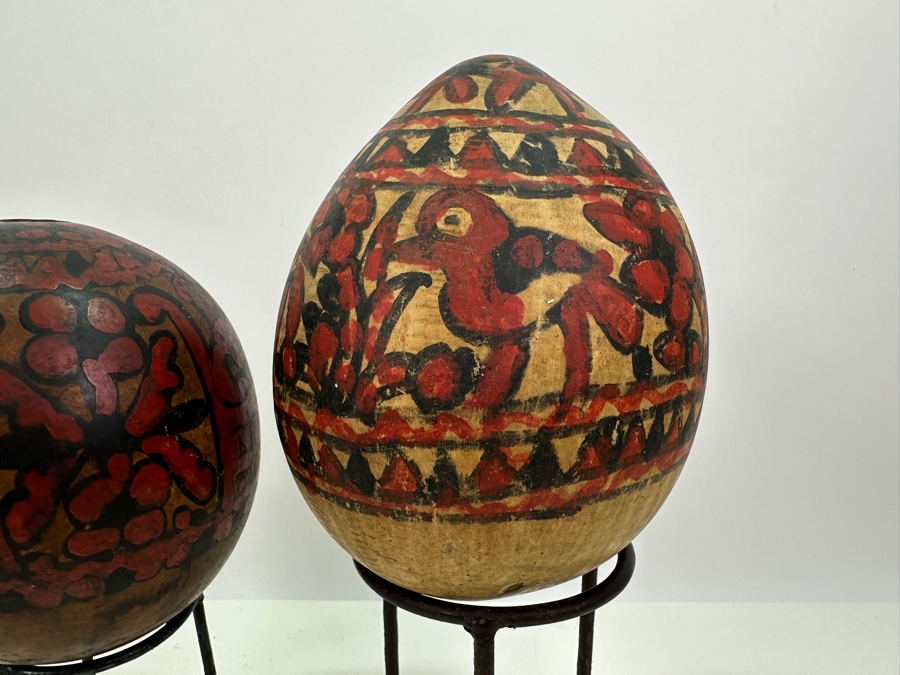 Pair Of Vintage Hand Painted Folk Art Gourds With Stands 6.5H & 7H [Photo 3]