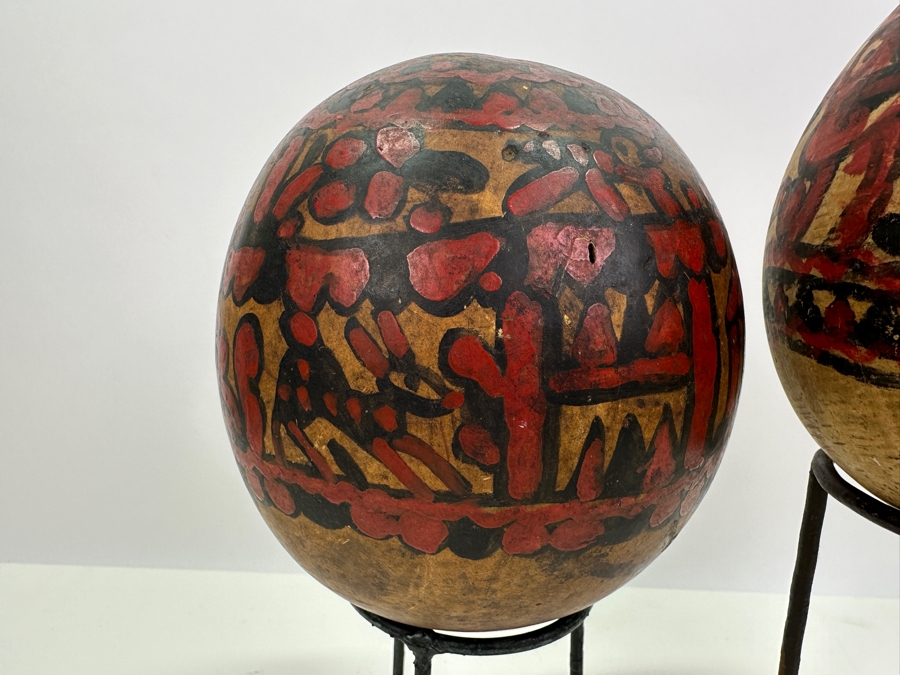 Pair Of Vintage Hand Painted Folk Art Gourds With Stands 6.5H & 7H [Photo 8]