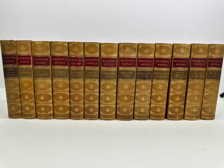 Set Of Thirteen Antique Leatherbound Hardcover Bulwer's Novels Books 1843 [Photo 2]