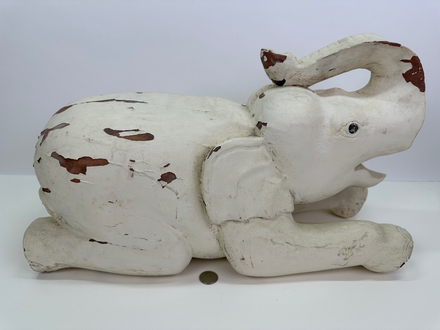 Vintage Carved Wooden Elephant Sculpture Painted White 19W X 8D X 11.5H [Photo 2]