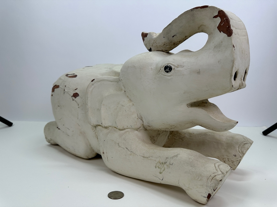 Vintage Carved Wooden Elephant Sculpture Painted White 19W X 8D X 11.5H [Photo 4]