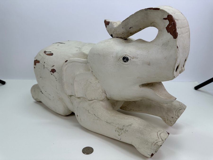 Vintage Carved Wooden Elephant Sculpture Painted White 19W X 8D X 11.5H [Photo 5]
