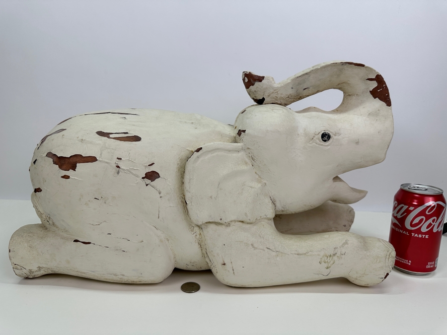 Vintage Carved Wooden Elephant Sculpture Painted White 19W X 8D X 11.5H [Photo 3]