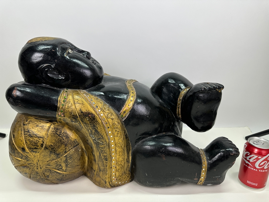 Vintage Carved Wooden Black & Gold Lying Buddha Sculpture 22W X 10D X 15H [Photo 5]