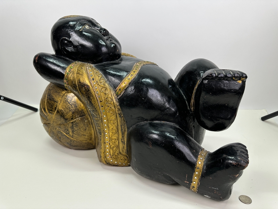 Vintage Carved Wooden Black & Gold Lying Buddha Sculpture 22W X 10D X 15H [Photo 2]