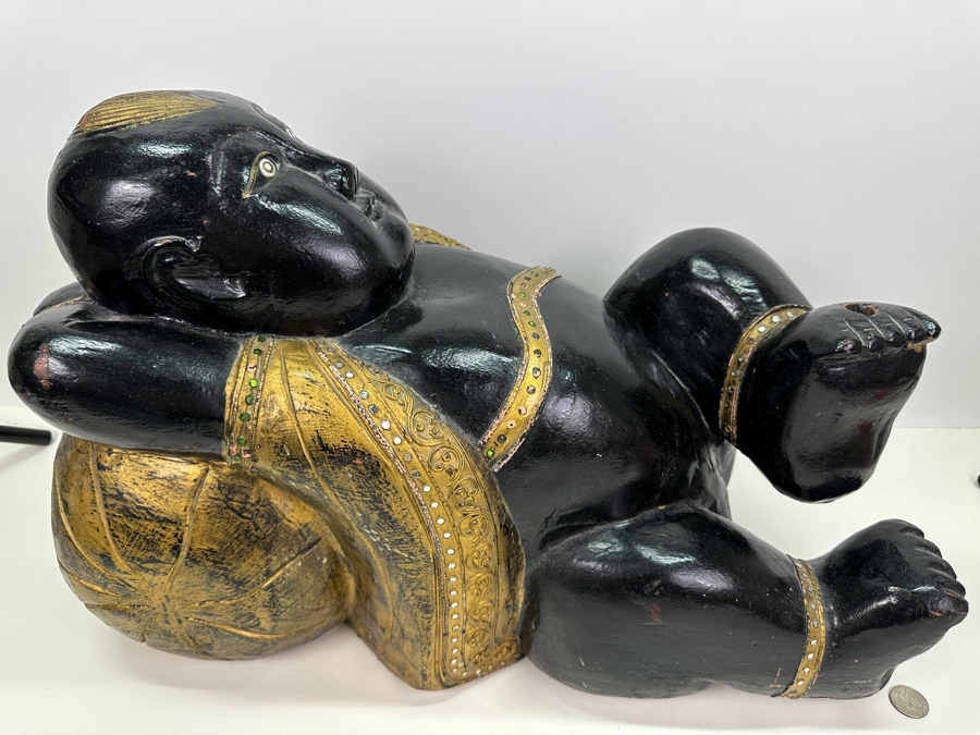 Vintage Carved Wooden Black & Gold Lying Buddha Sculpture 22W X 10D X 15H [Photo 4]