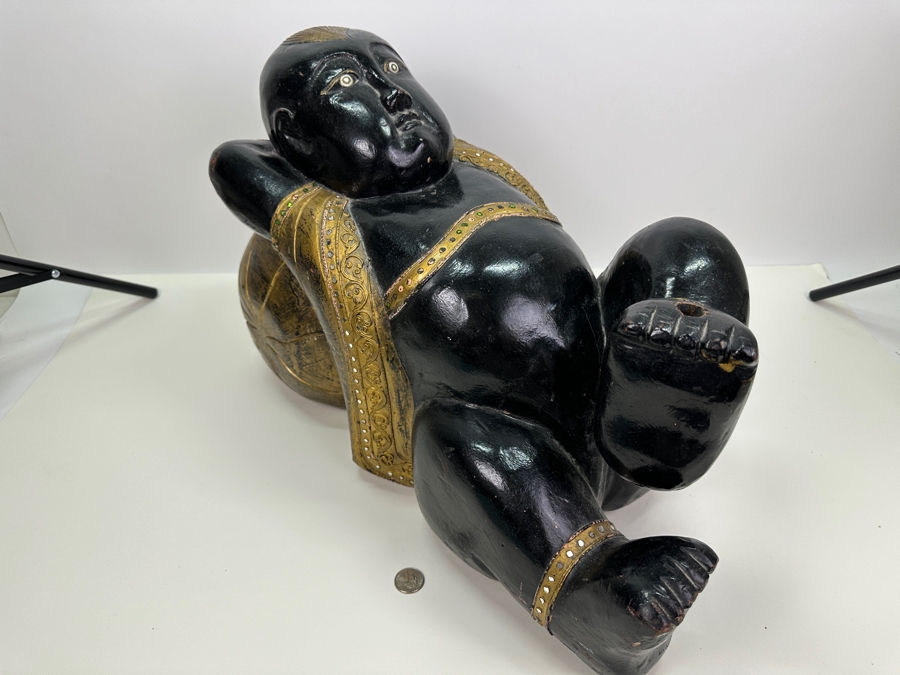 Vintage Carved Wooden Black & Gold Lying Buddha Sculpture 22W X 10D X 15H [Photo 7]