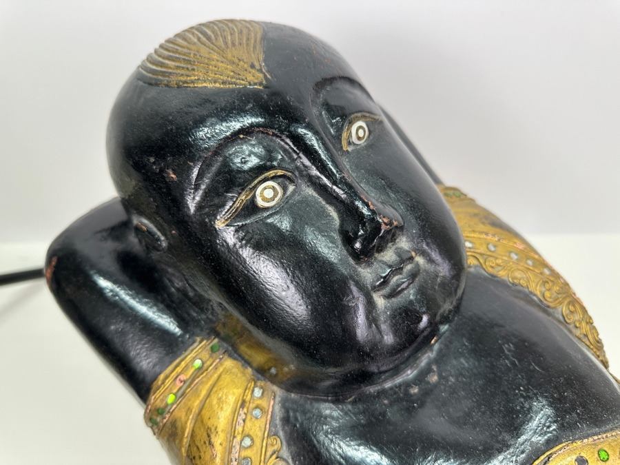 Vintage Carved Wooden Black & Gold Lying Buddha Sculpture 22W X 10D X 15H [Photo 9]