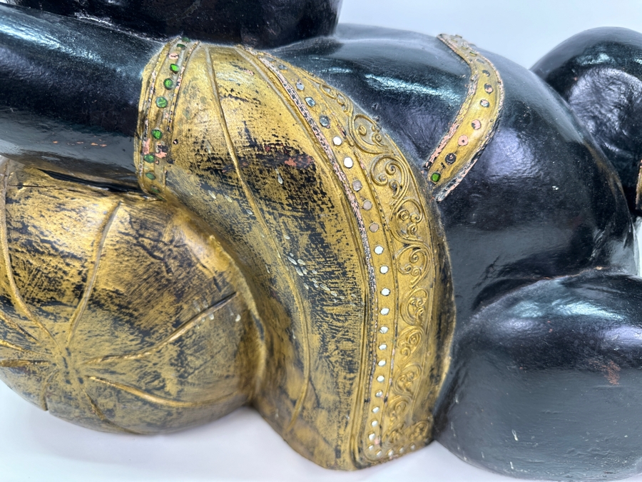 Vintage Carved Wooden Black & Gold Lying Buddha Sculpture 22W X 10D X 15H [Photo 6]