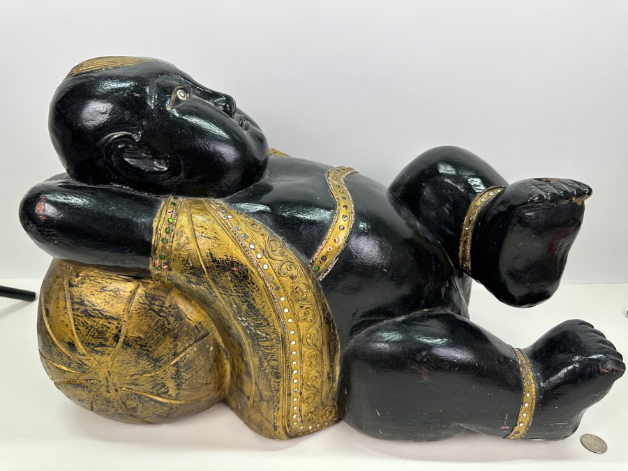 Vintage Carved Wooden Black & Gold Lying Buddha Sculpture 22W X 10D X 15H [Photo 3]