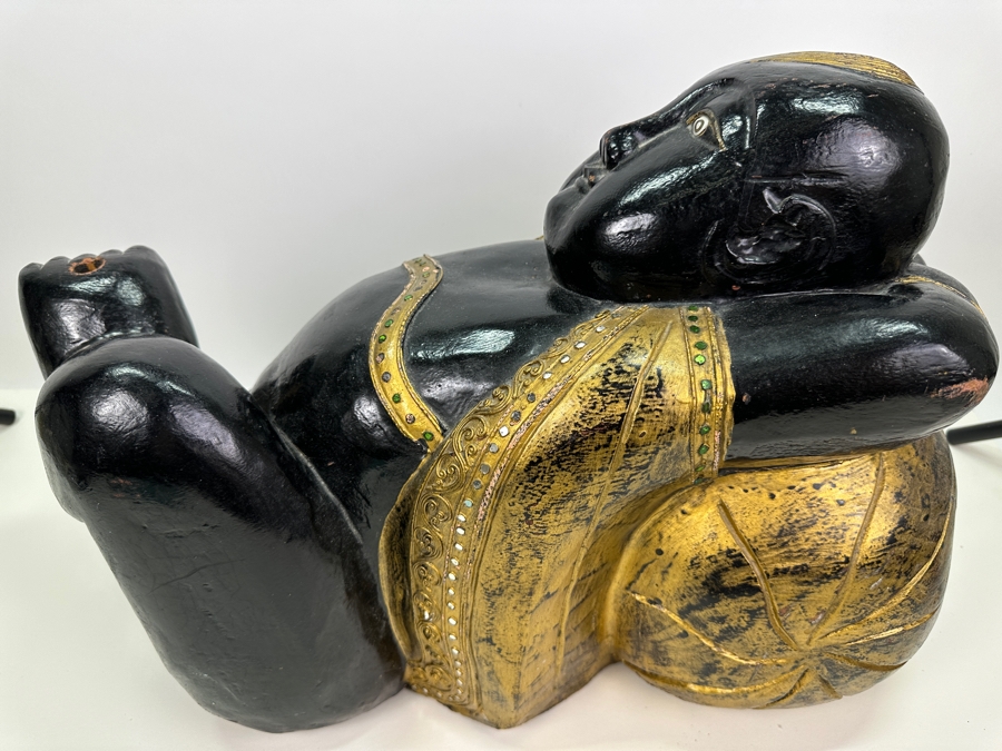 Vintage Carved Wooden Black & Gold Lying Buddha Sculpture 22W X 10D X 15H [Photo 12]