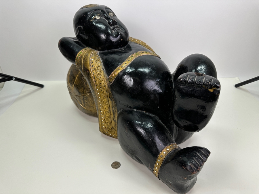 Vintage Carved Wooden Black & Gold Lying Buddha Sculpture 22W X 10D X 15H [Photo 8]