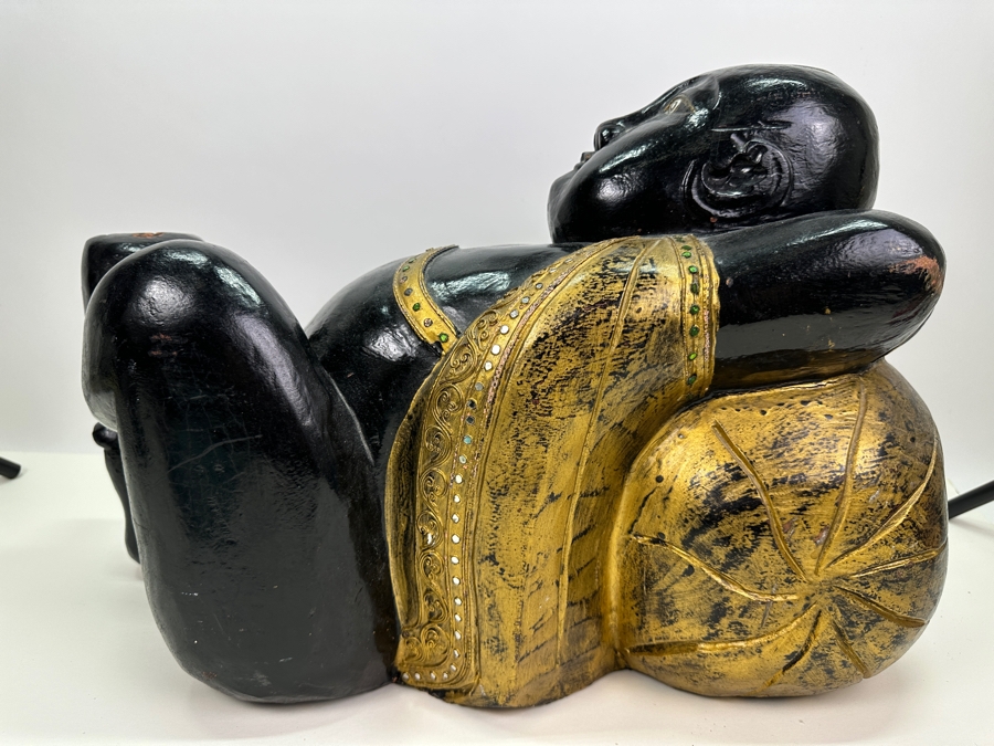 Vintage Carved Wooden Black & Gold Lying Buddha Sculpture 22W X 10D X 15H [Photo 11]