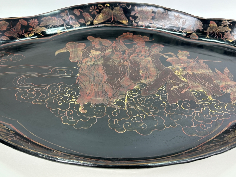 Vintage English Chinoiserie Lacquer Hand Painted Oval Tray 30.5W X 20D X 3H [Photo 13]