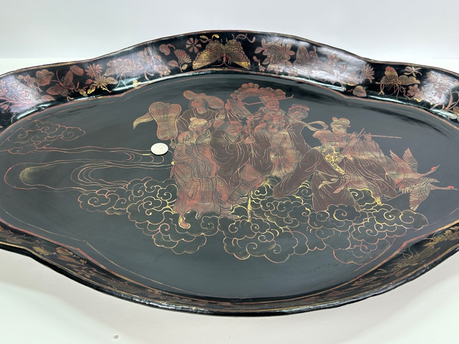 Vintage English Chinoiserie Lacquer Hand Painted Oval Tray 30.5W X 20D X 3H [Photo 15]