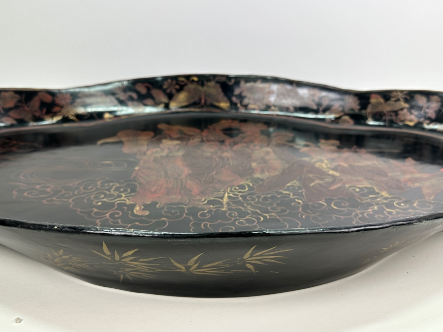 Vintage English Chinoiserie Lacquer Hand Painted Oval Tray 30.5W X 20D X 3H [Photo 14]