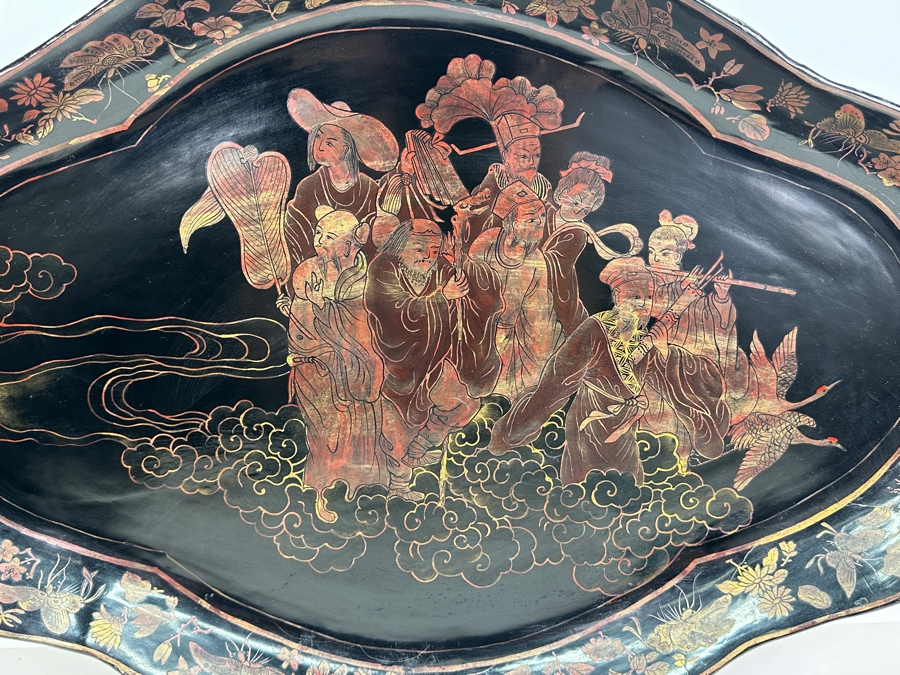Vintage English Chinoiserie Lacquer Hand Painted Oval Tray 30.5W X 20D X 3H [Photo 2]