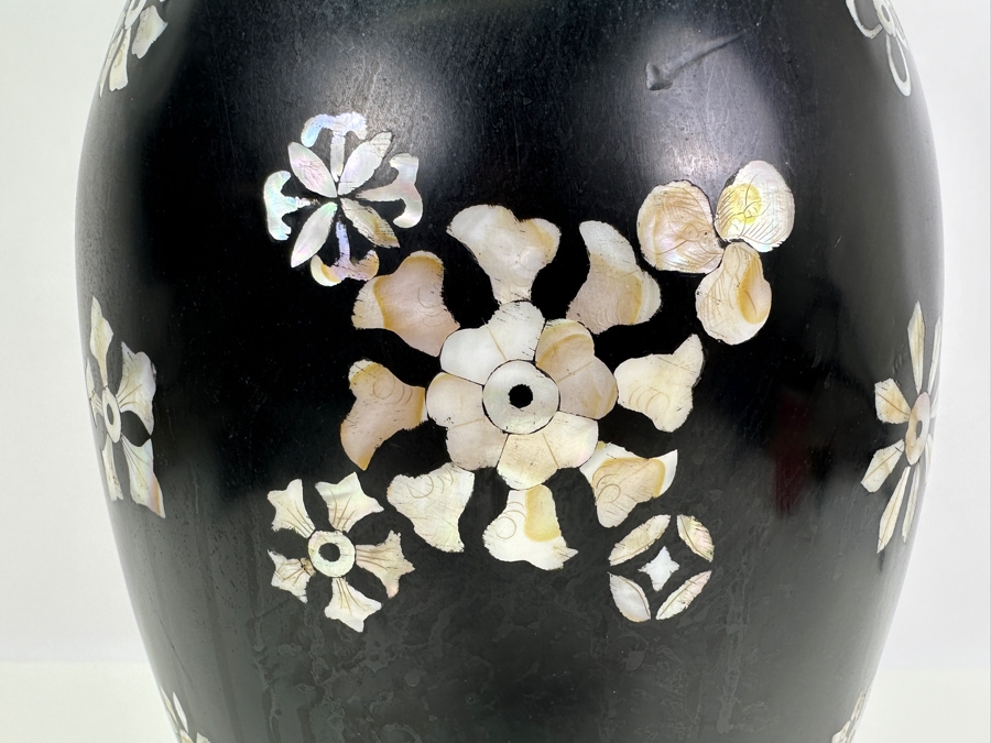 Vintage Mother Of Pearl Inlay Black Vase 17H [Photo 4]