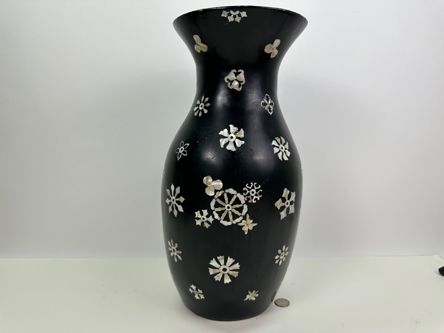 Vintage Mother Of Pearl Inlay Black Vase 17H [Photo 9]