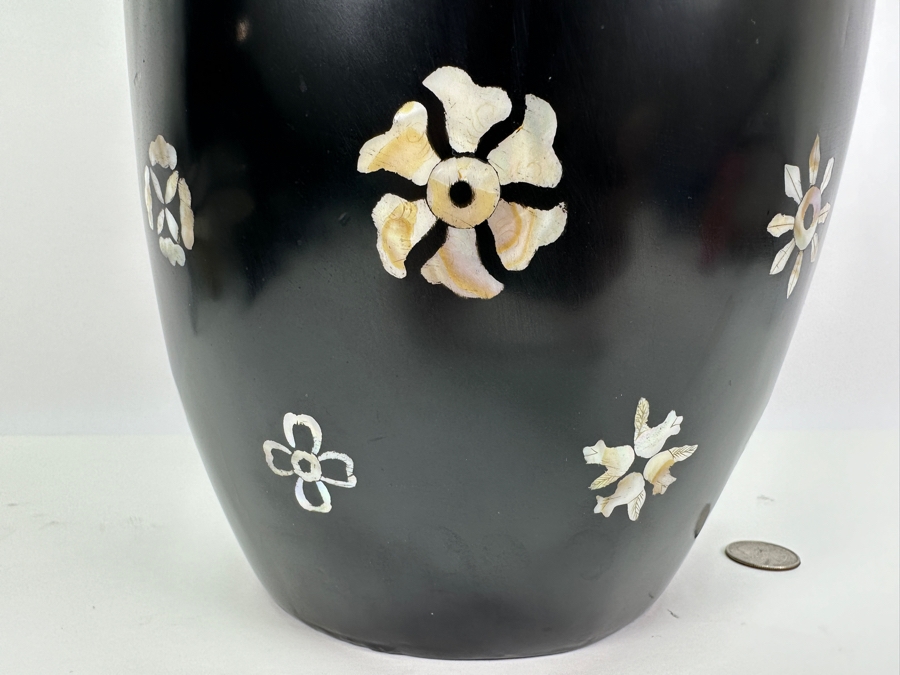 Vintage Mother Of Pearl Inlay Black Vase 17H [Photo 14]