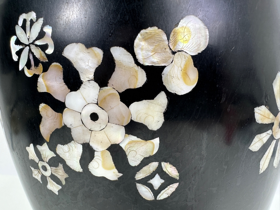 Vintage Mother Of Pearl Inlay Black Vase 17H [Photo 5]