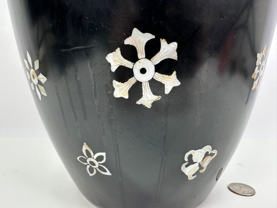 Vintage Mother Of Pearl Inlay Black Vase 17H [Photo 8]