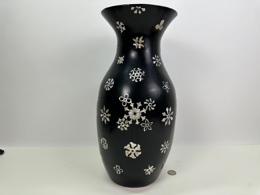 Vintage Mother Of Pearl Inlay Black Vase 17H [Photo 12]
