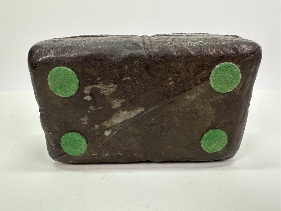 Antique Cast Iron Tobacco Jar In Shape Of A Package Wrapped With Rope Bearing An AR Star, The Number 23, The Word Piano And A Glass With Makers Mark Underneath Box [Photo 13]