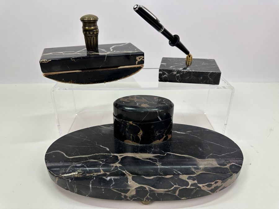 Vintage Marble Desk Set With Mont Blanc Generation Rollerball Pen