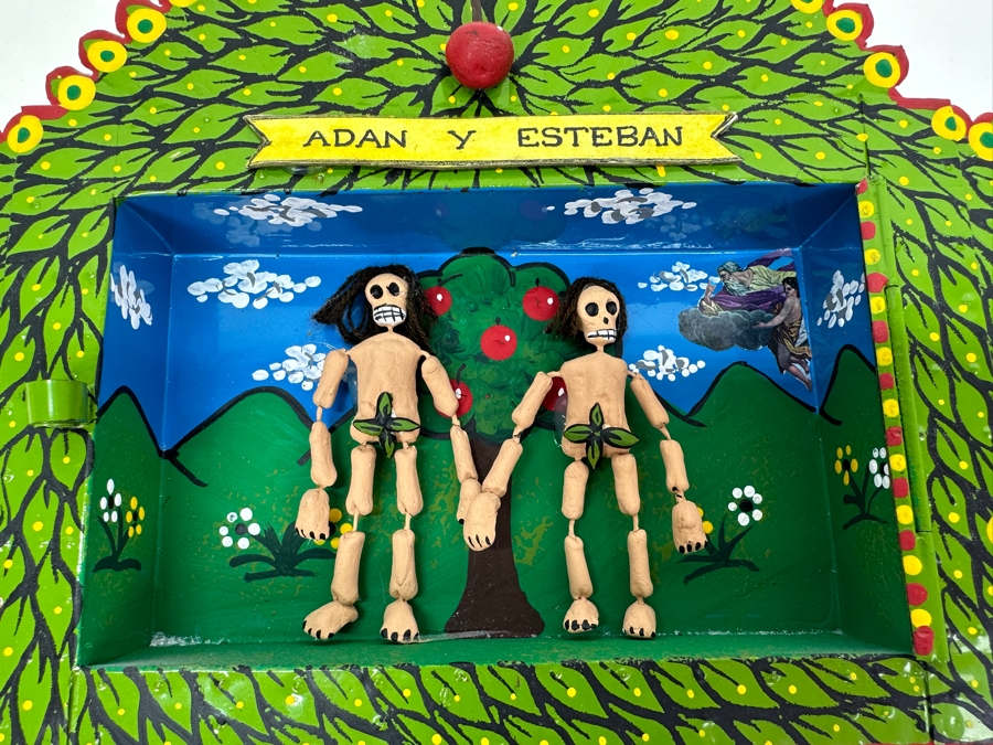 Vintage Adam & Eve Hand Painted Shadowbox Folk Art Sculpture Made In Mexico By The Cielito Lindo Estudio San Miguel De Allende 10.25W X 7.25H X 1.25D [Photo 2]