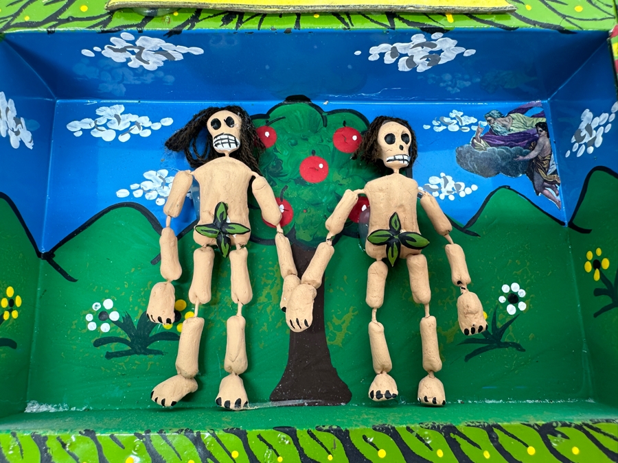 Vintage Adam & Eve Hand Painted Shadowbox Folk Art Sculpture Made In Mexico By The Cielito Lindo Estudio San Miguel De Allende 10.25W X 7.25H X 1.25D [Photo 3]