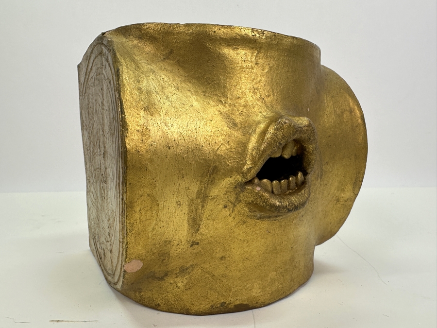 Unusual Gold Painted Mouth Ceramic Art Pottery - See Photos For Several Chips 6W X 6D X 7H [Photo 2]