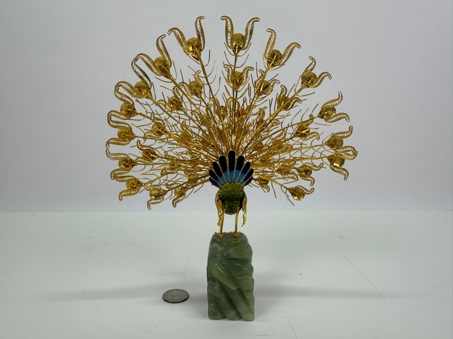 Cloisonne Gold Plated Filigree Peacock With Jade Stone Base 9H [Photo 6]
