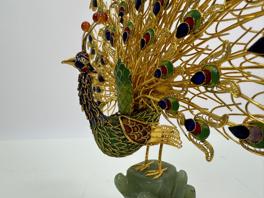 Cloisonne Gold Plated Filigree Peacock With Jade Stone Base 9H [Photo 4]