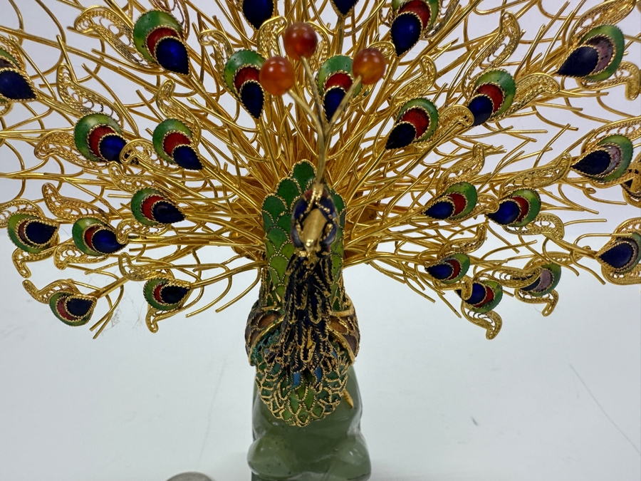 Cloisonne Gold Plated Filigree Peacock With Jade Stone Base 9H [Photo 3]
