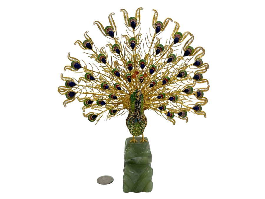 Cloisonne Gold Plated Filigree Peacock With Jade Stone Base 9H [Photo 1]