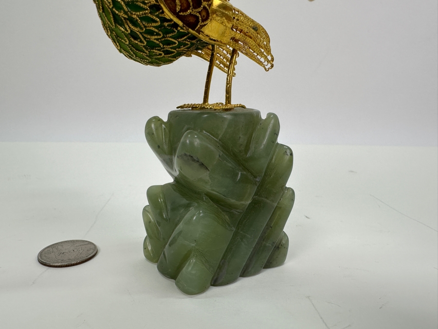 Cloisonne Gold Plated Filigree Peacock With Jade Stone Base 9H [Photo 5]