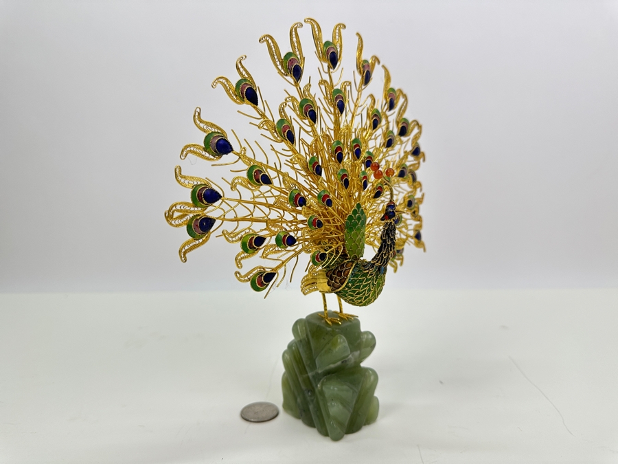 Cloisonne Gold Plated Filigree Peacock With Jade Stone Base 9H [Photo 2]