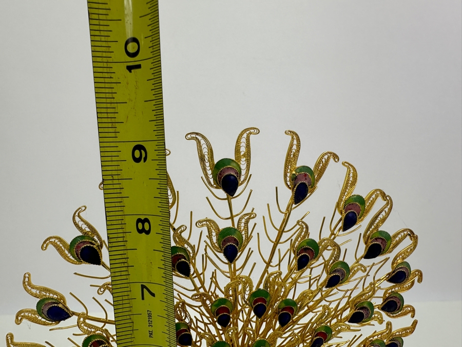 Cloisonne Gold Plated Filigree Peacock With Jade Stone Base 9H [Photo 7]