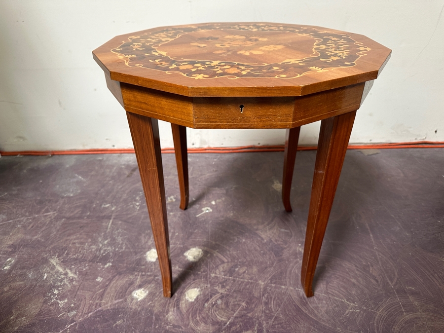 Vintage Italian Marquetry Music Jewelry Box Side Table 18.5W X 19.5H [Photo 6]