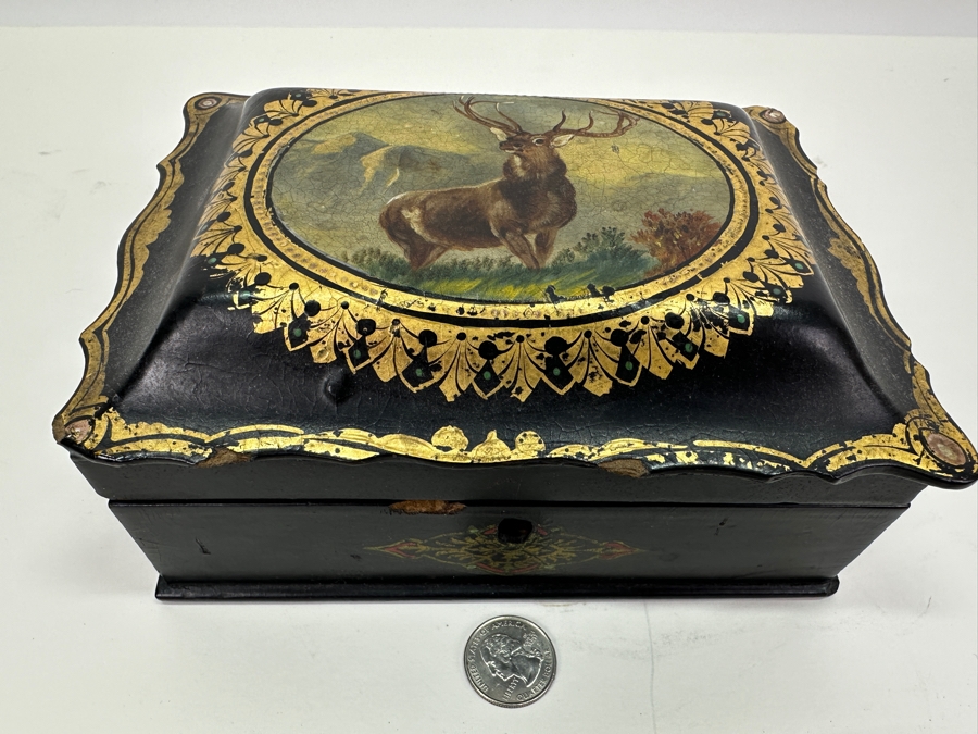 Vintage Hand Painted Wooden Box (See Photos For Some Damage) 7.5W X 5.5D X 3.5H [Photo 3]