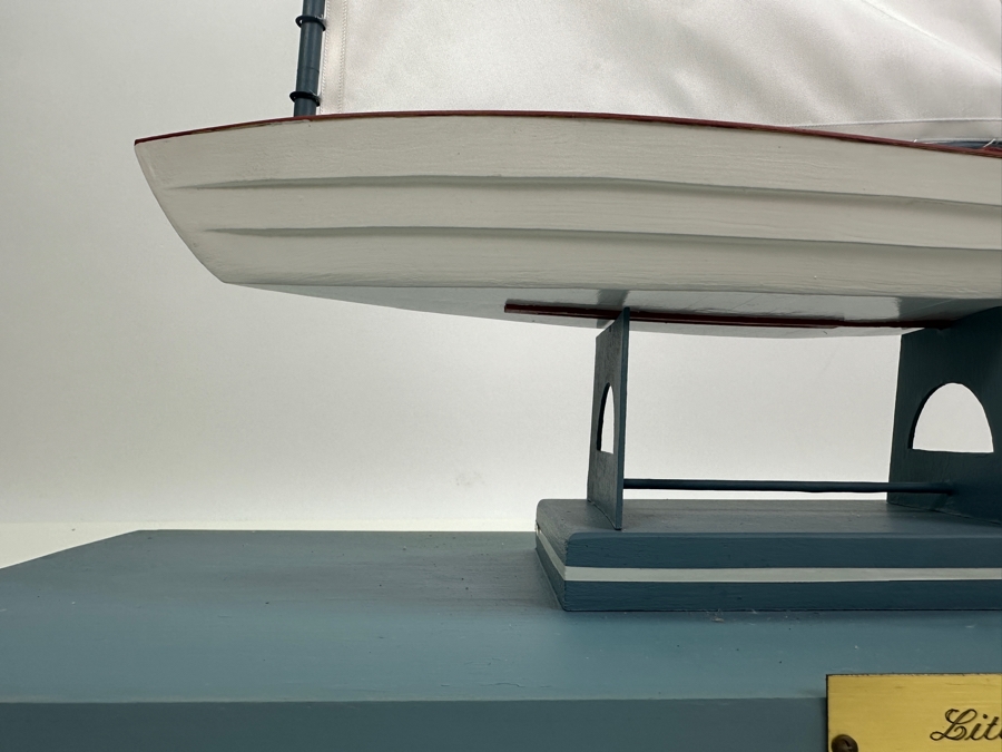 Vintage 1955 Wooden Sailboat Model By C. Heimler Titled 'Little Skiff' With Acrylic Display Cover 20'W X 8'D X 21'H [Photo 8]